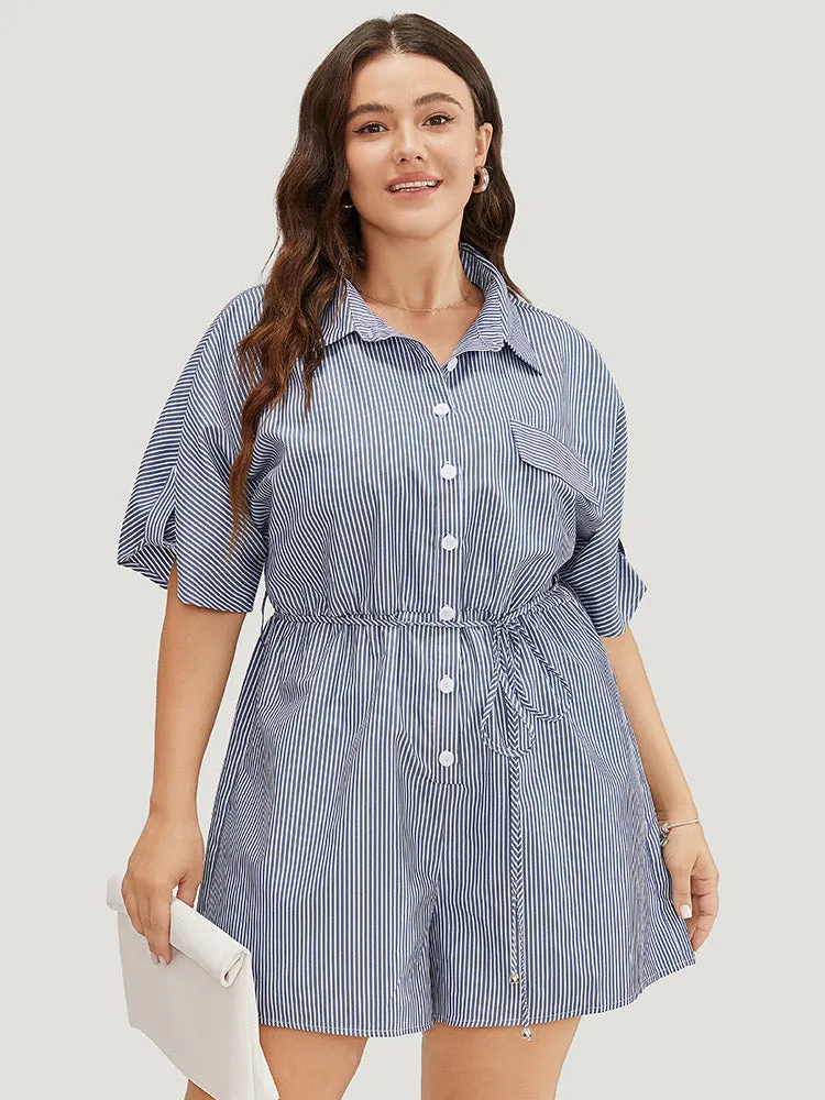 Striped Print Roll Sleeve Pocket Knot Button Up Romper sold by Bloomchic product image thumbnail 3