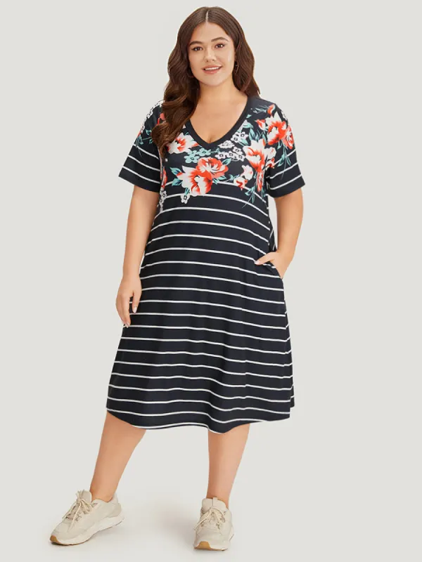 Floral & Striped Print Pocket V Neck Dress sold by Bloomchic