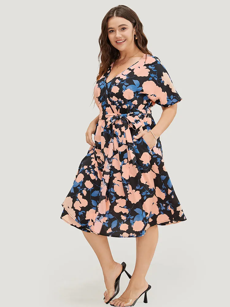 Floral Print Split Hem Belted Pocket Batwing Sleeve Dress sold by Bloomchic product image thumbnail 4