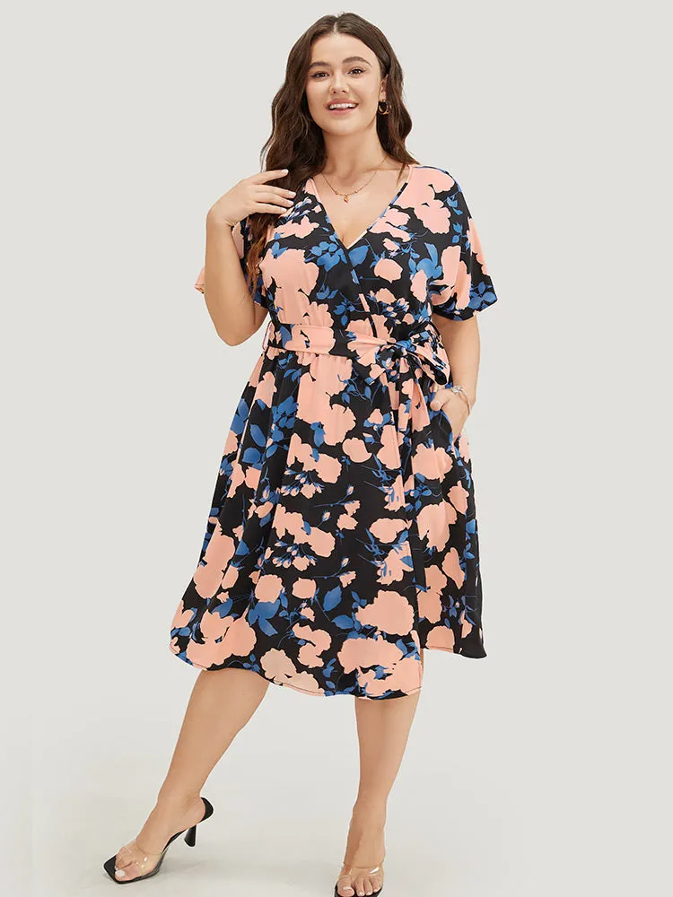 Floral Print Split Hem Belted Pocket Batwing Sleeve Dress sold by Bloomchic product image thumbnail 3