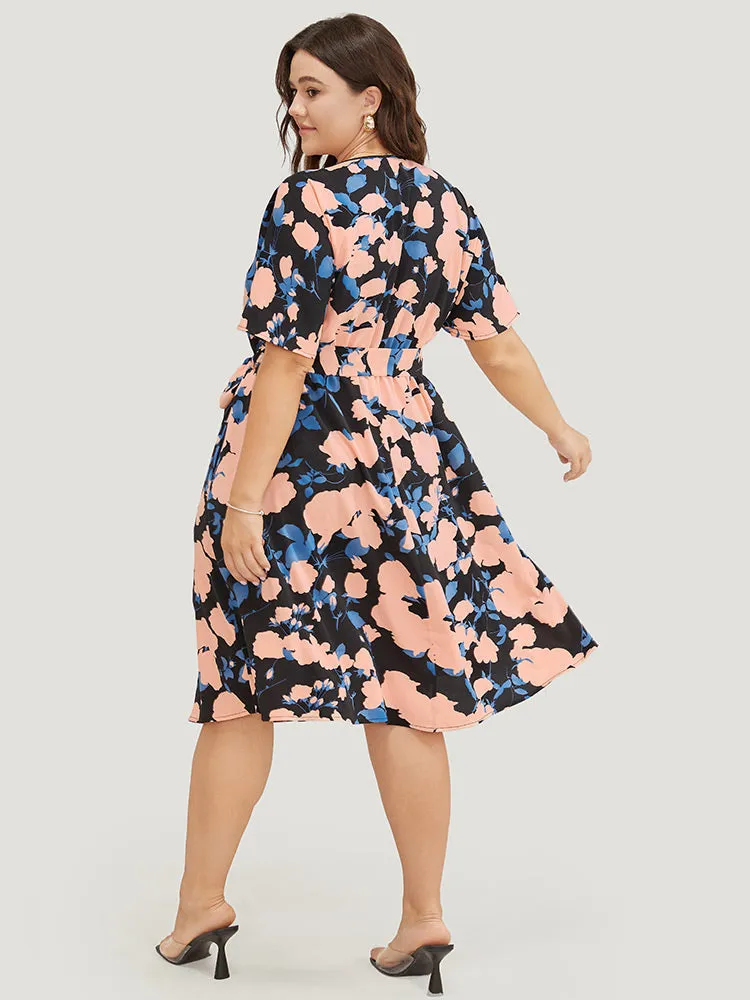 Floral Print Split Hem Belted Pocket Batwing Sleeve Dress sold by Bloomchic product image thumbnail 5