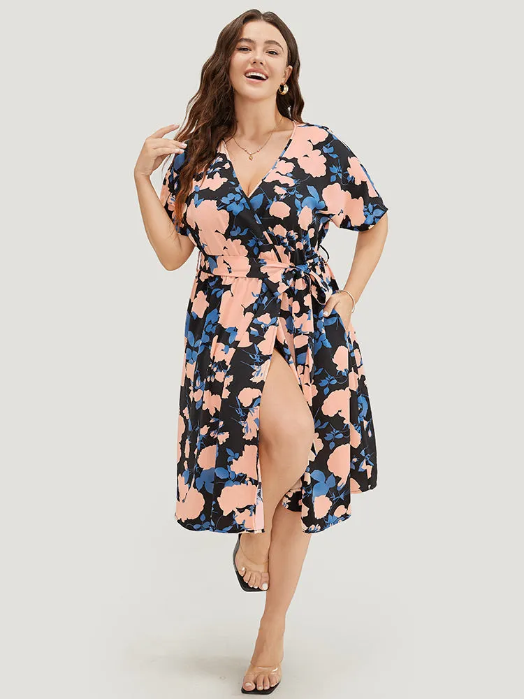 Floral Print Split Hem Belted Pocket Batwing Sleeve Dress sold by Bloomchic