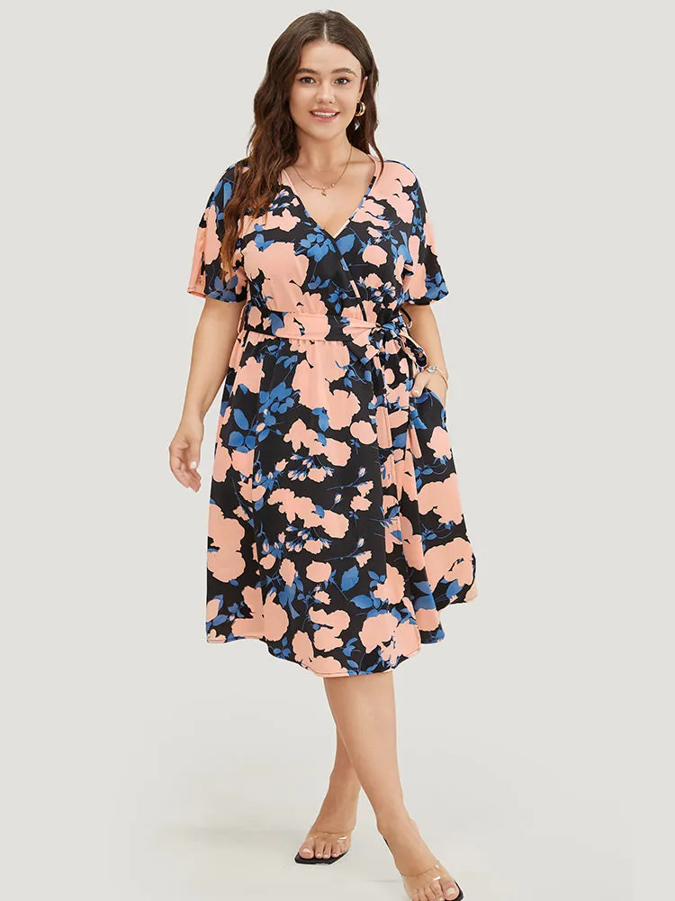 Floral Print Split Hem Belted Pocket Batwing Sleeve Dress sold by Bloomchic product image thumbnail 2