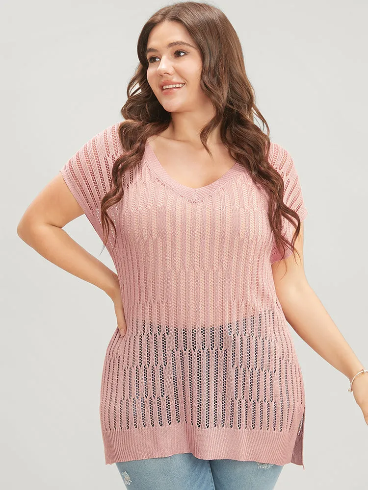 Plain Vertical Striped Cut Out Split Hem Knit Top sold by Bloomchic