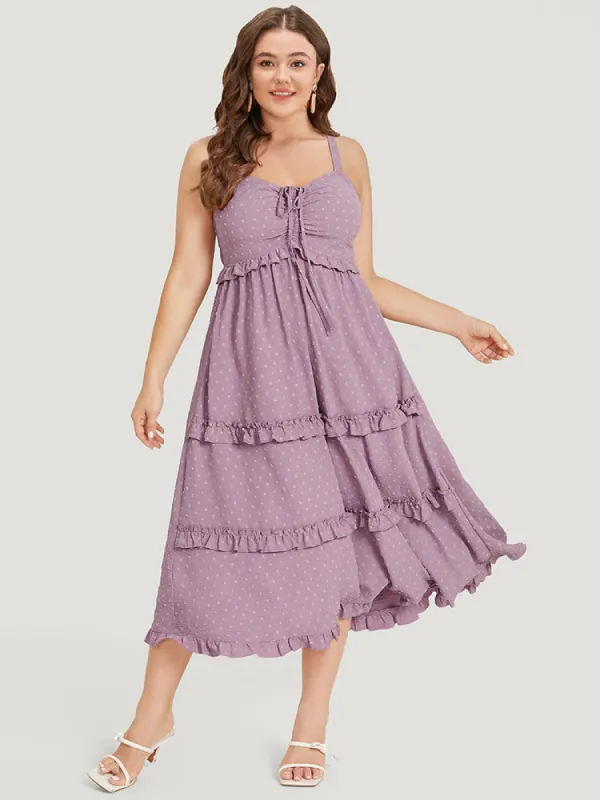 Plain Drawstring Ruched Pocket Ruffle Trim Cami Dress sold by Bloomchic