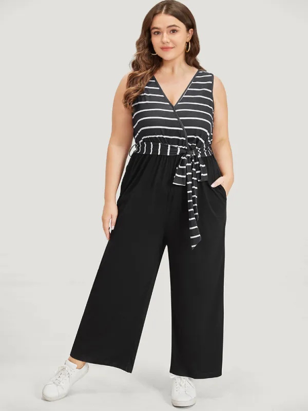 Striped Patchwork Pocket Wrap Belted Sleeveless Jumpsuit sold by Bloomchic