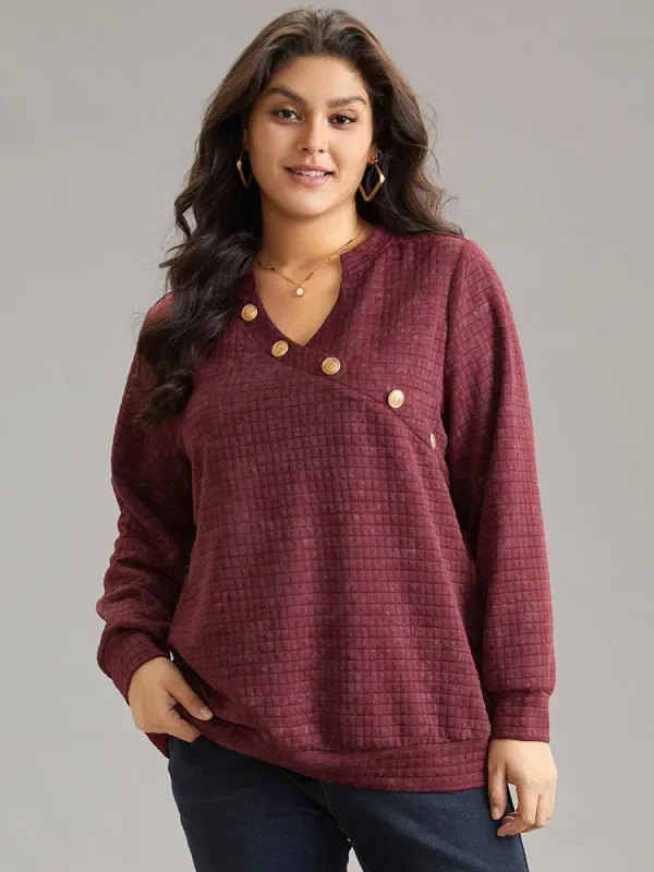 Plain Textured Notched Button Detail Sweatshirt sold by Bloomchic