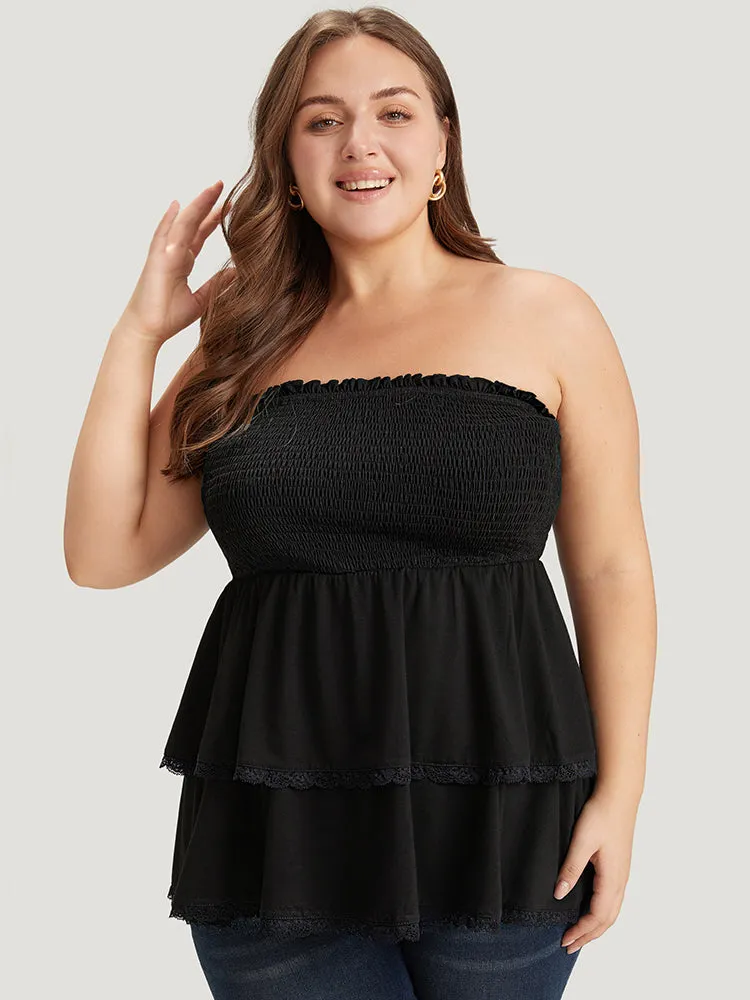 Solid Frill Trim Shirred Lace Ruffle Layered Tank Top sold by Bloomchic