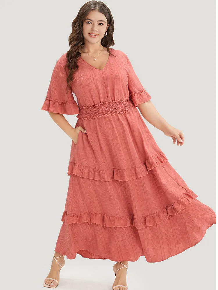 Plain Textured Shirred Waist Pocket Ruffle Trim Dress sold by Bloomchic