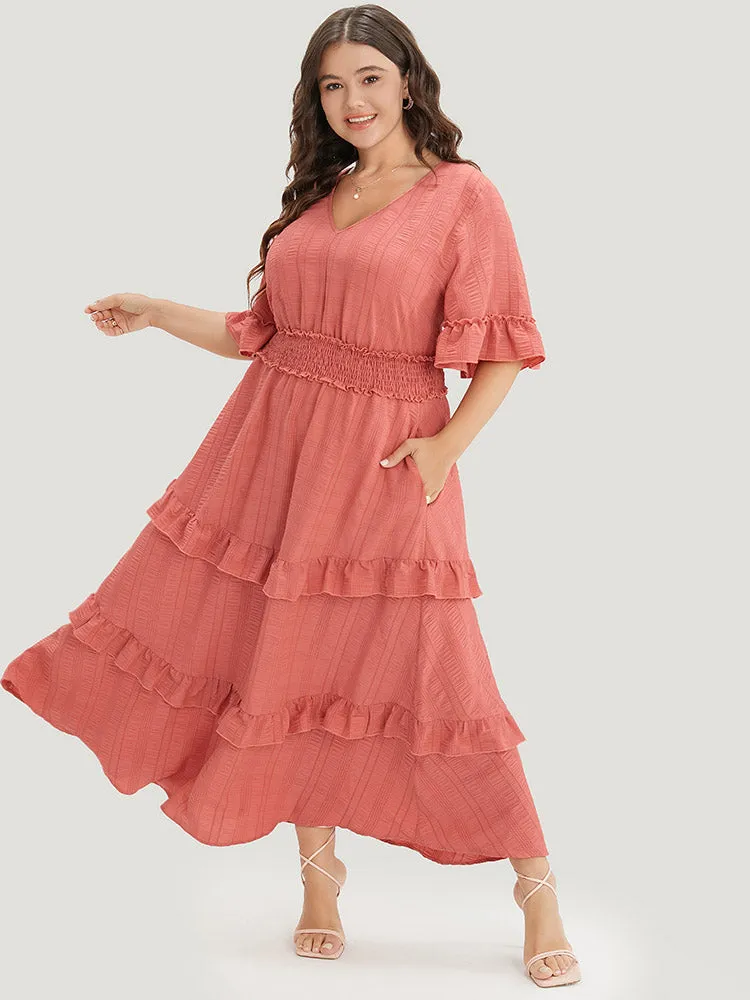 Plain Textured Shirred Waist Pocket Ruffle Trim Dress sold by Bloomchic product image thumbnail 3