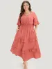 Plain Textured Shirred Waist Pocket Ruffle Trim Dress sold by Bloomchic