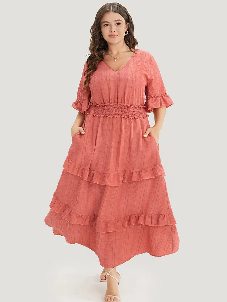 Plain Textured Shirred Waist Pocket Ruffle Trim Dress sold by Bloomchic product image thumbnail 4