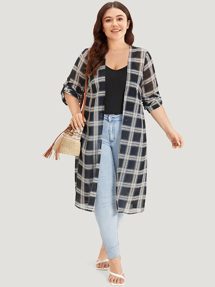 Plaid Pocket Open Front Roll Tab Sleeve Kimono sold by Bloomchic product image thumbnail 2