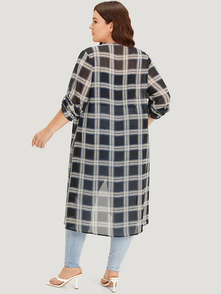 Plaid Pocket Open Front Roll Tab Sleeve Kimono sold by Bloomchic product image thumbnail 5