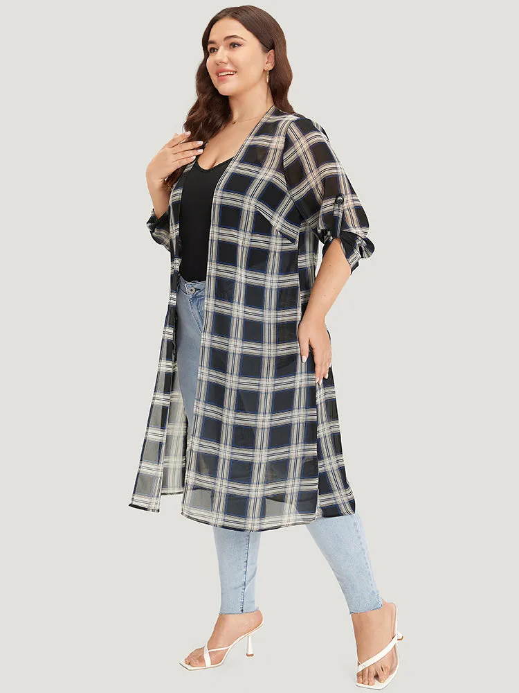 Plaid Pocket Open Front Roll Tab Sleeve Kimono sold by Bloomchic product image thumbnail 4