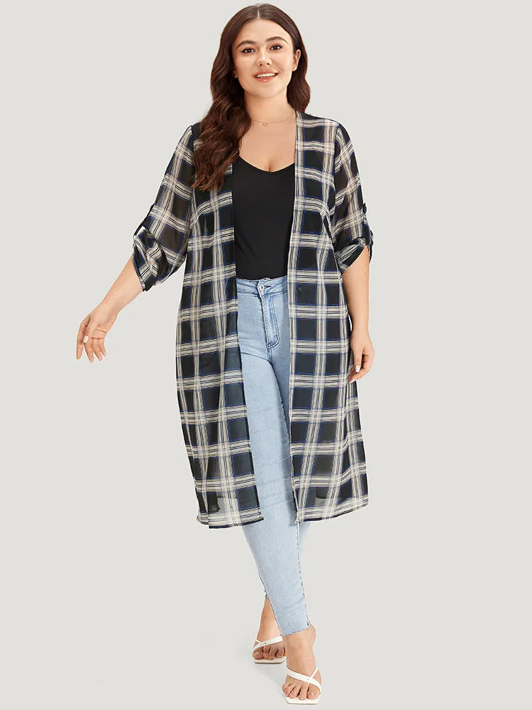 Plaid Pocket Open Front Roll Tab Sleeve Kimono sold by Bloomchic product image thumbnail 3