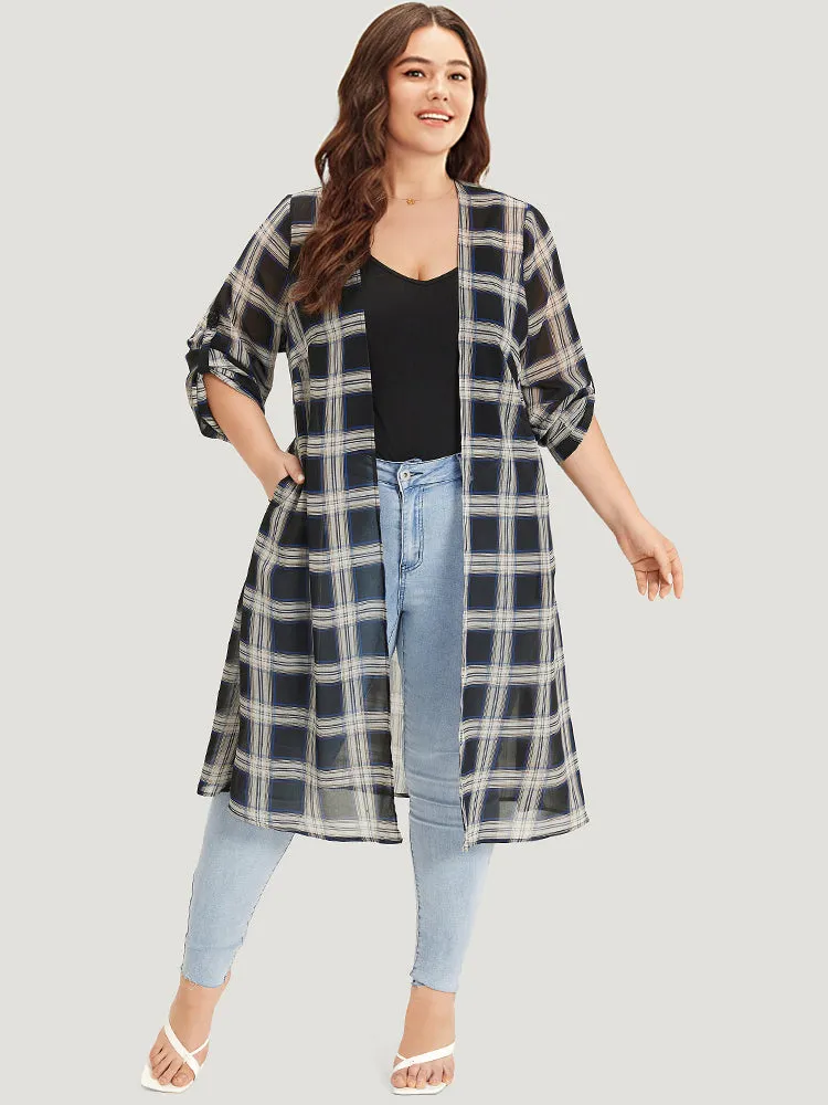 Plaid Pocket Open Front Roll Tab Sleeve Kimono sold by Bloomchic