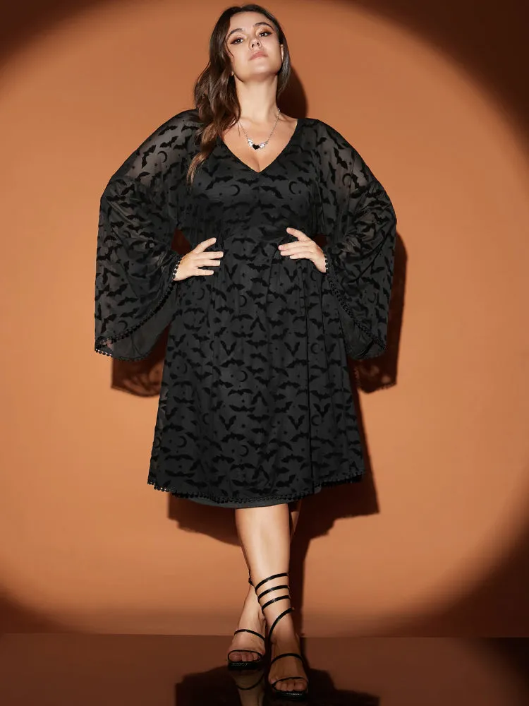 Halloween Bat Print Bell Sleeve Deep V Neck Midi Dress sold by Bloomchic product image thumbnail 2
