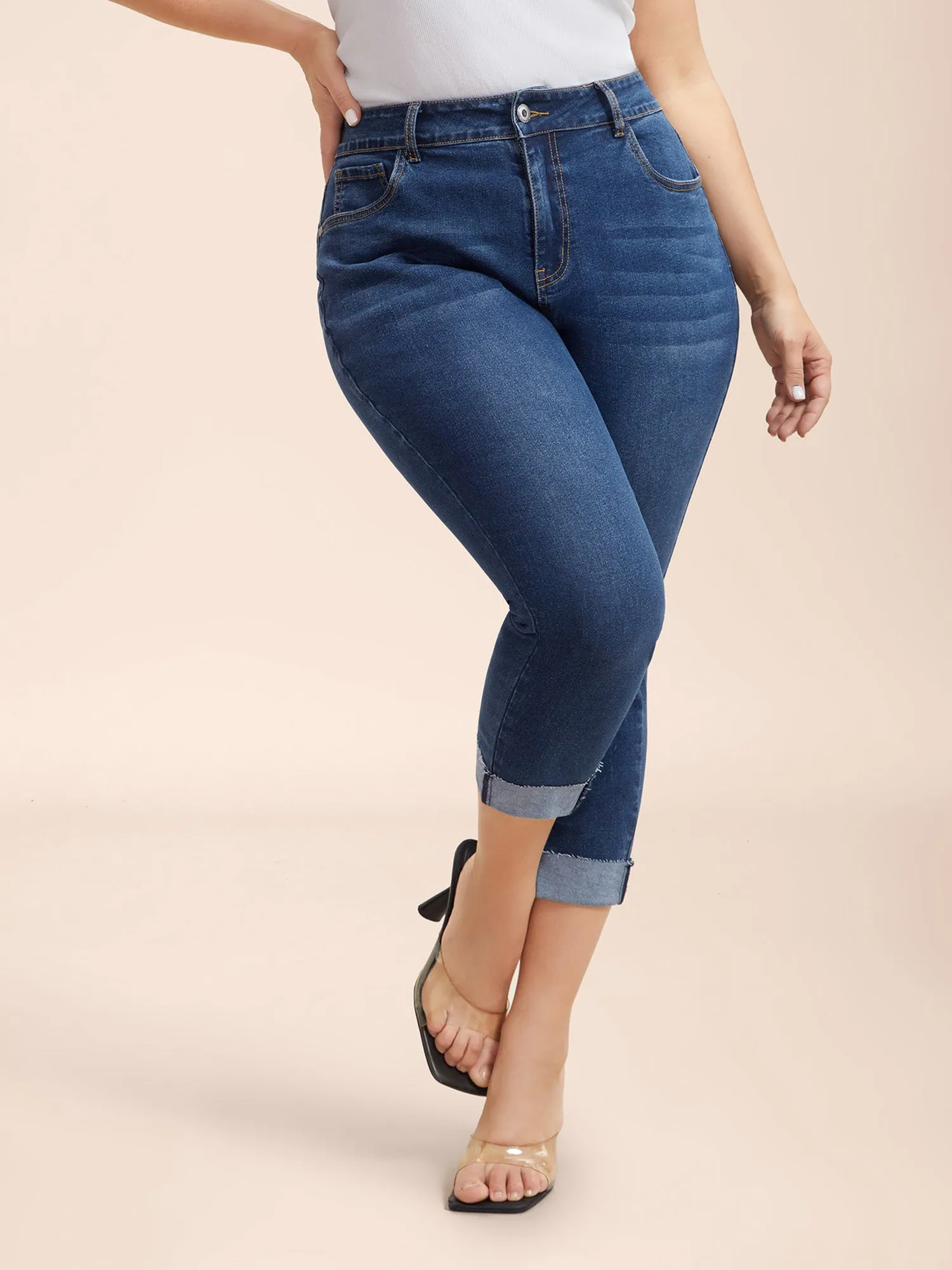 Whiskered Rolled Hem Slim-Fit Jeans sold by Bloomchic