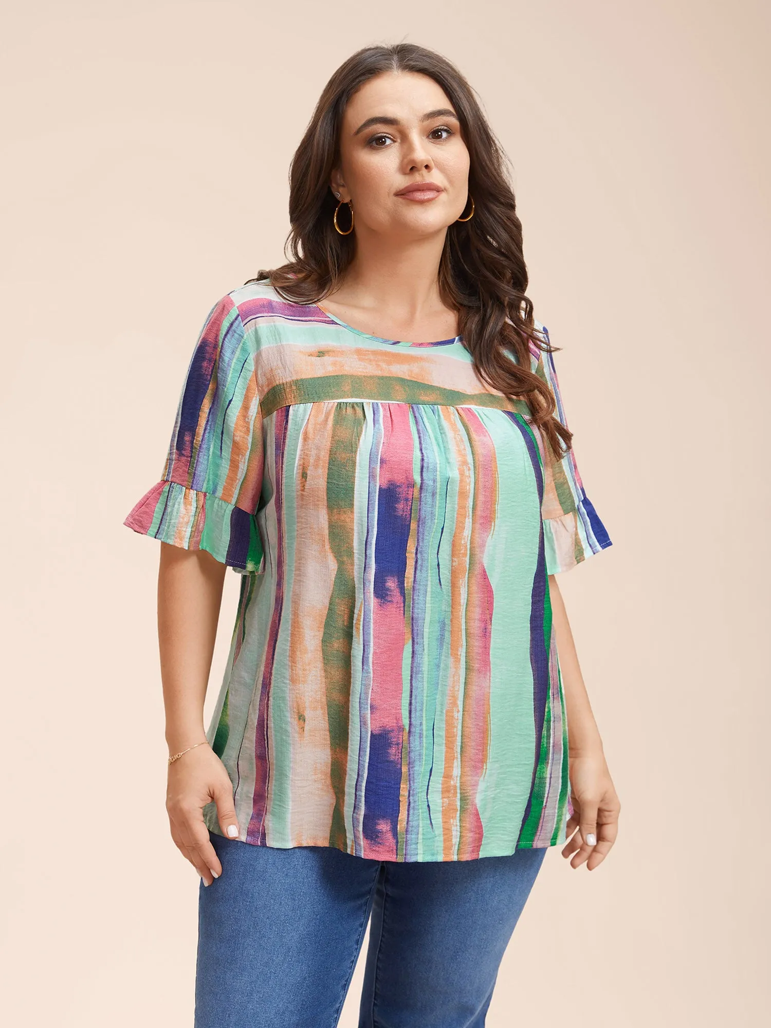 Multi-Color Striped Curved Hem Shirt sold by Bloomchic