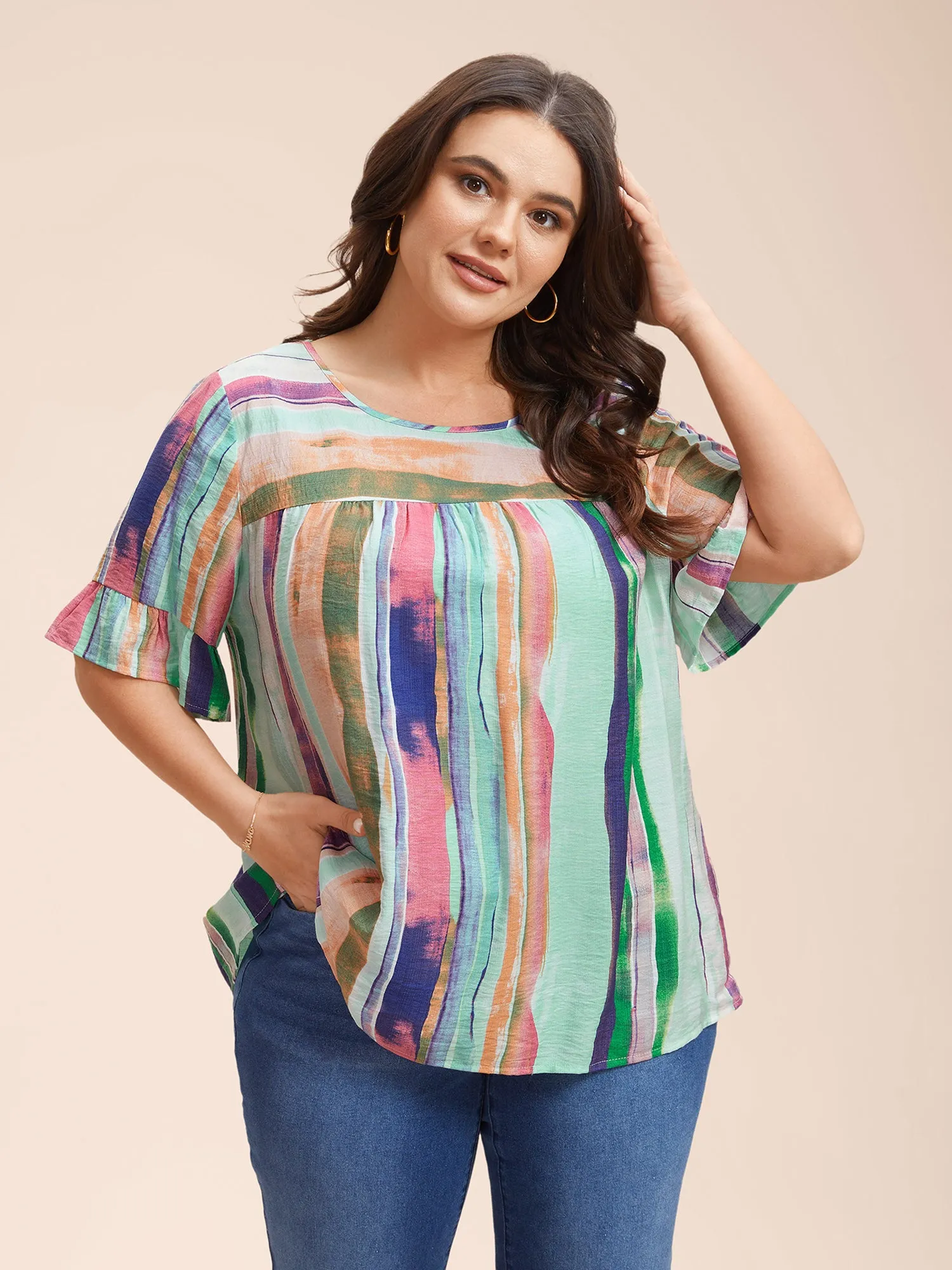 Multi-Color Striped Curved Hem Shirt sold by Bloomchic product image thumbnail 3