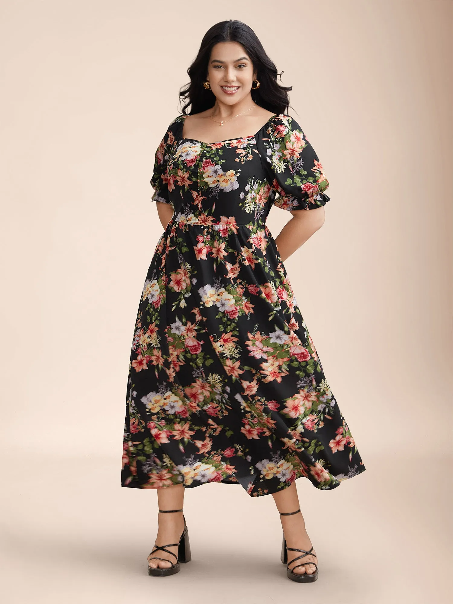 Sweetheart Neckline Drawstring Floral Midi Dress sold by Bloomchic