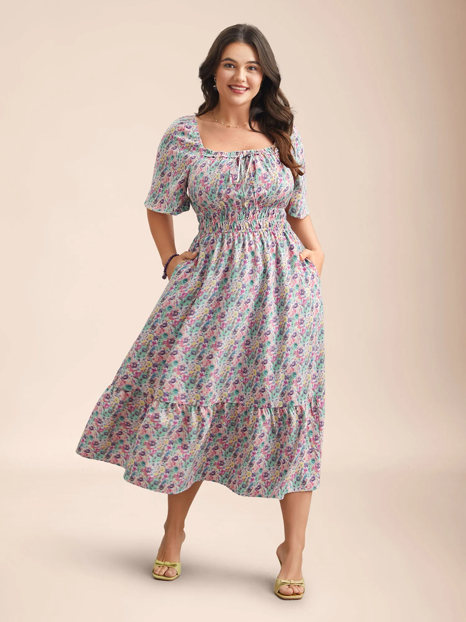 Smocked Waist Floral Ties Tiered Maxi Dress sold by Bloomchic product image thumbnail 4