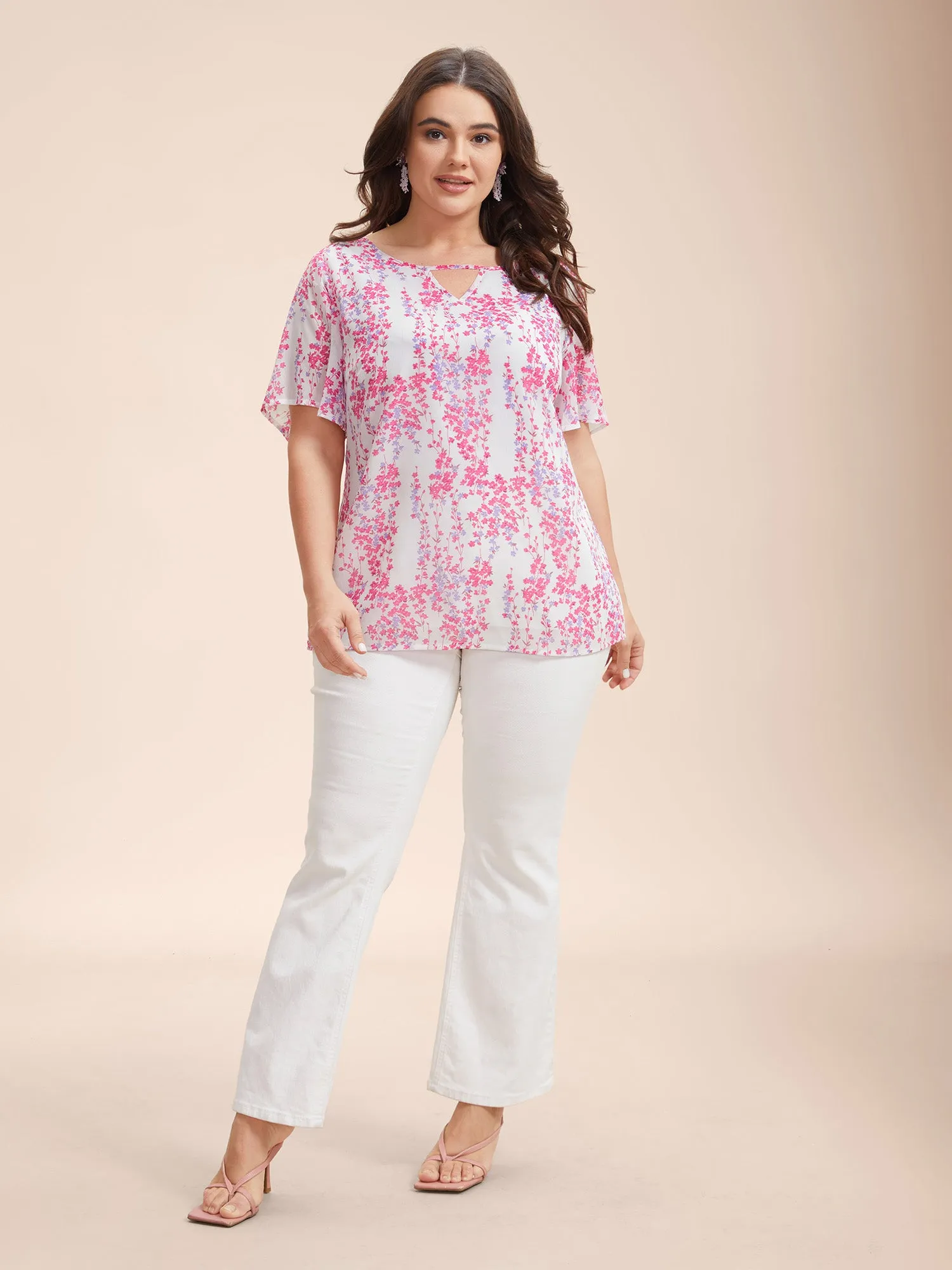 Floral Neck Cut-Out Flutter Sleeve Shirt sold by Bloomchic product image thumbnail 5