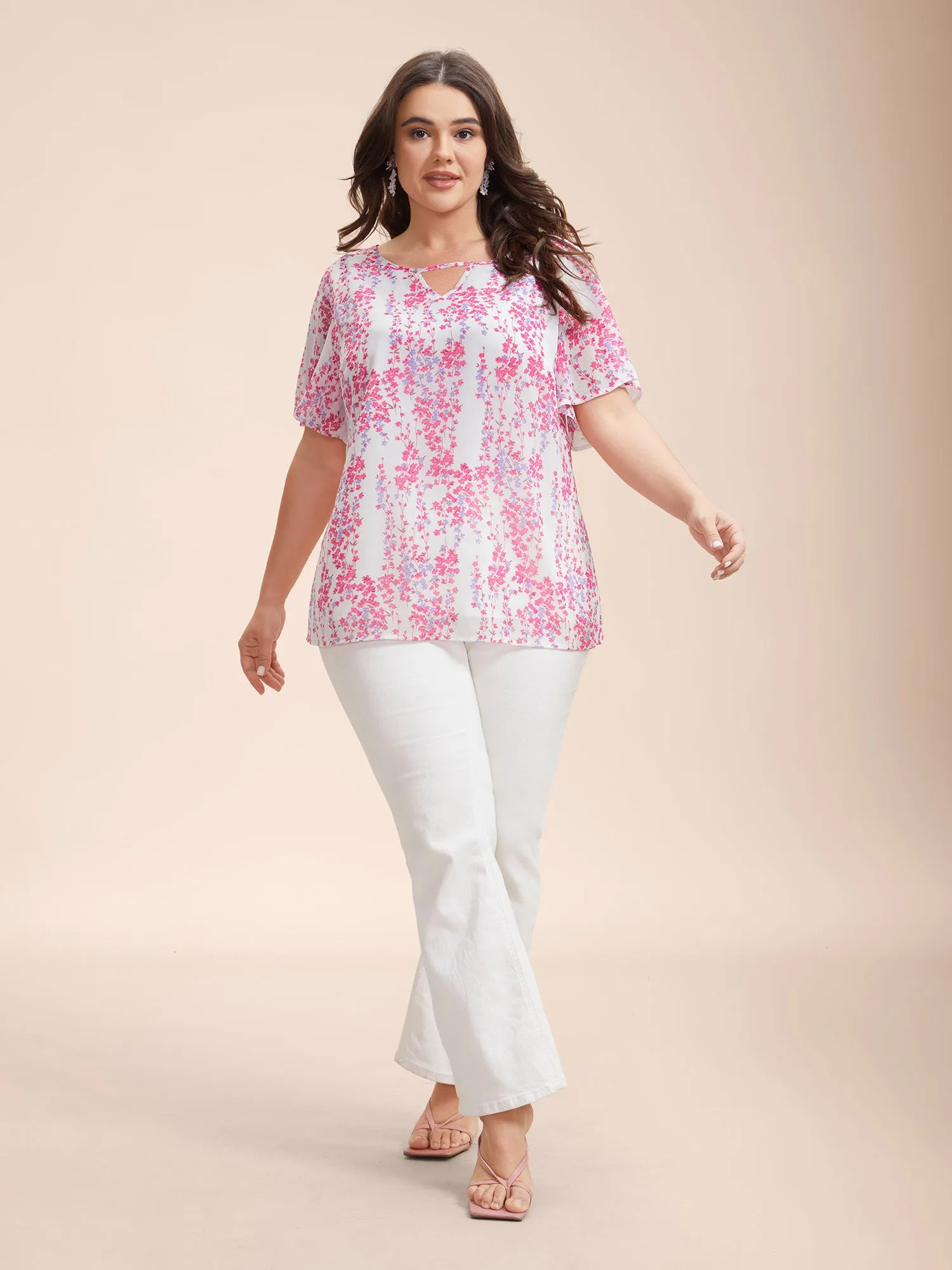 Floral Neck Cut-Out Flutter Sleeve Shirt sold by Bloomchic product image thumbnail 4