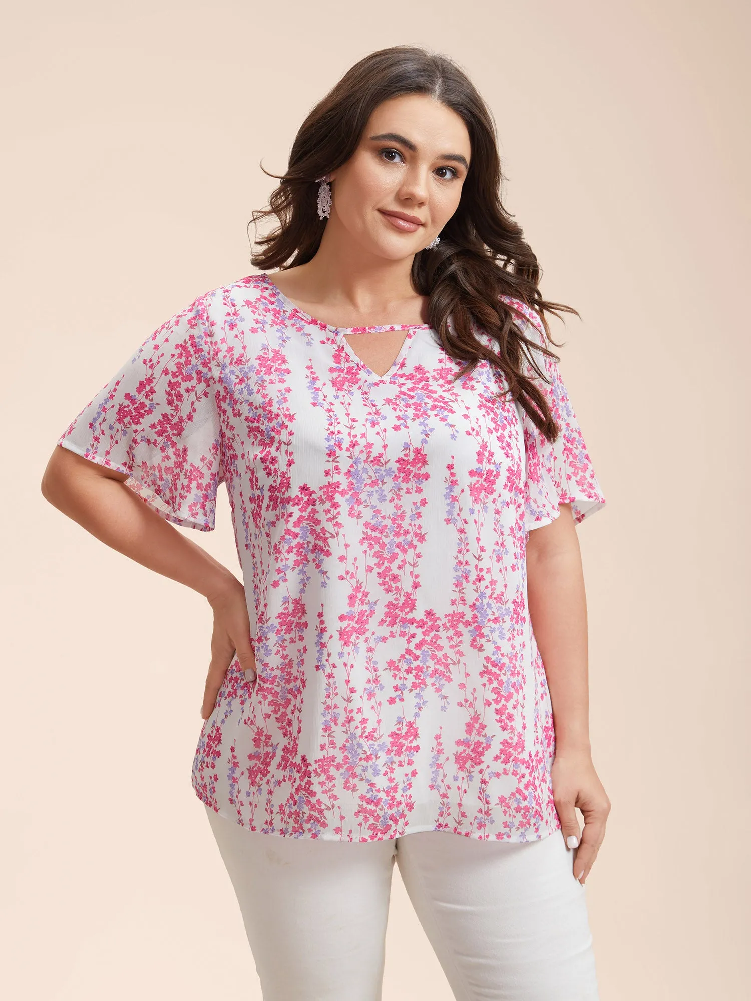 Floral Neck Cut-Out Flutter Sleeve Shirt sold by Bloomchic product image thumbnail 2