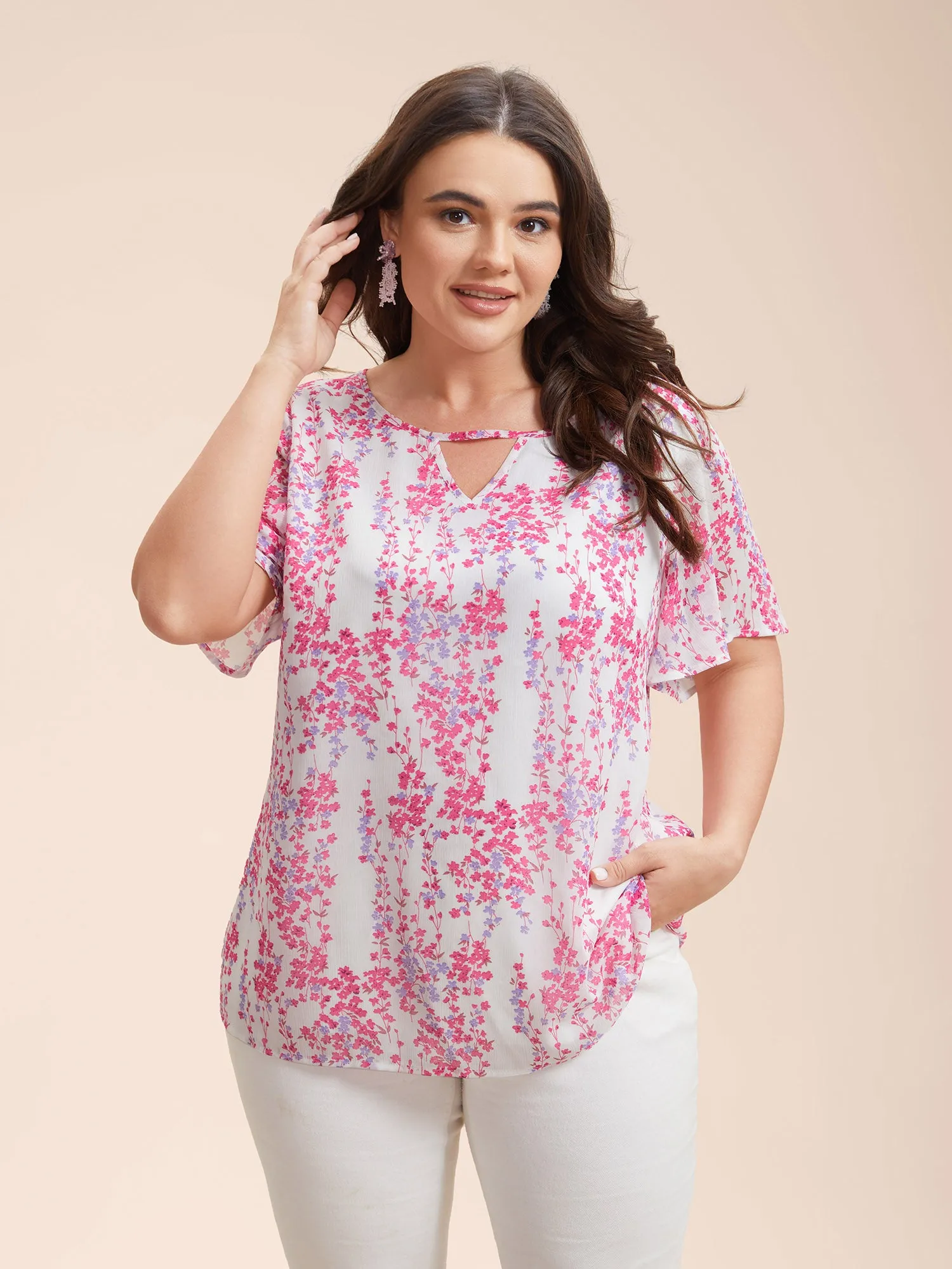 Floral Neck Cut-Out Flutter Sleeve Shirt sold by Bloomchic