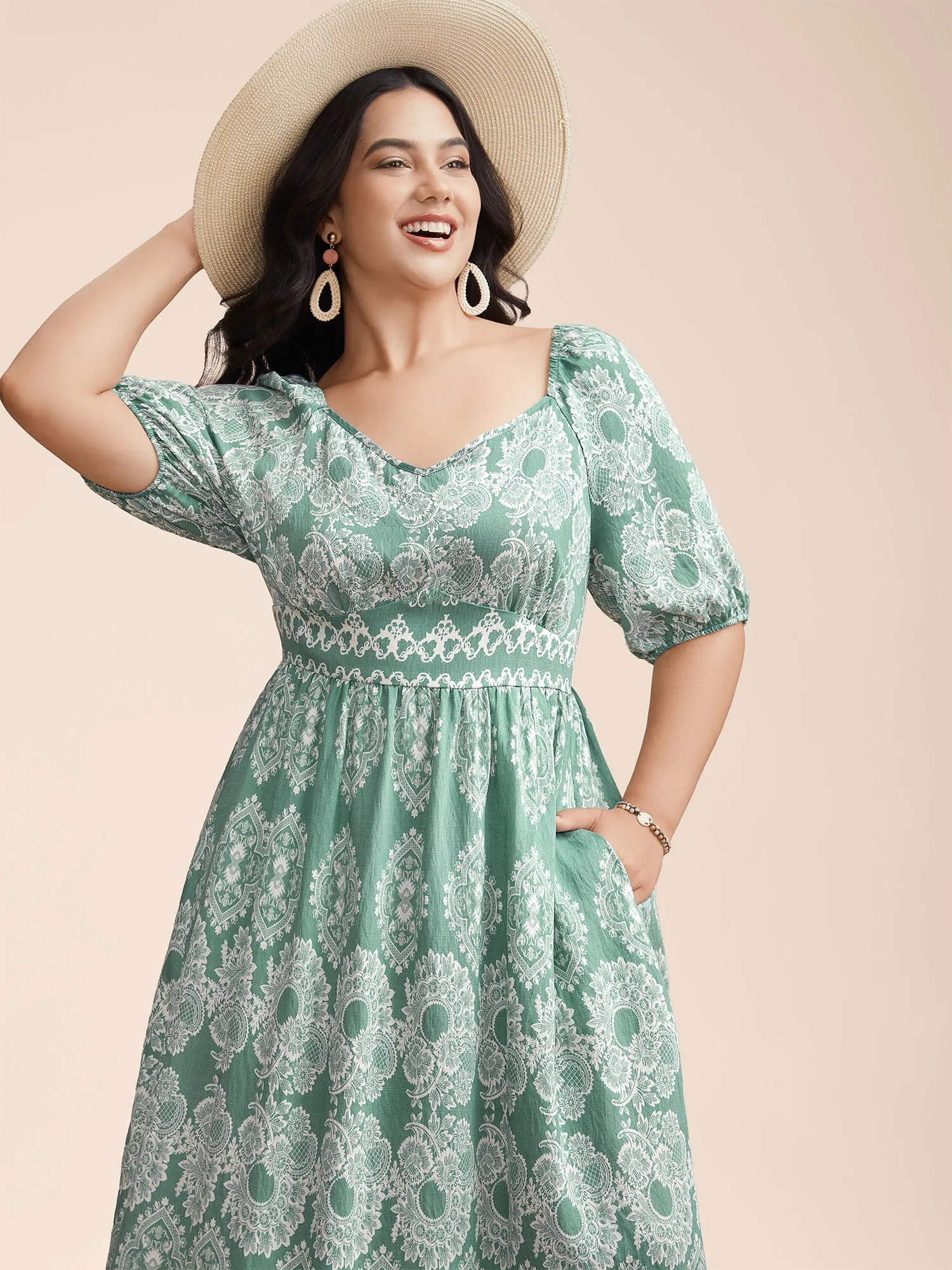 Boho Print Waist Defining Midi Dress sold by Bloomchic