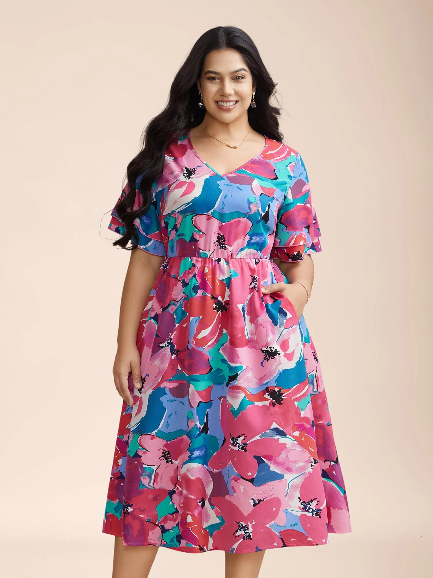 Multi-Color Floral V-Neck Pockets Midi Dress sold by Bloomchic product image thumbnail 4