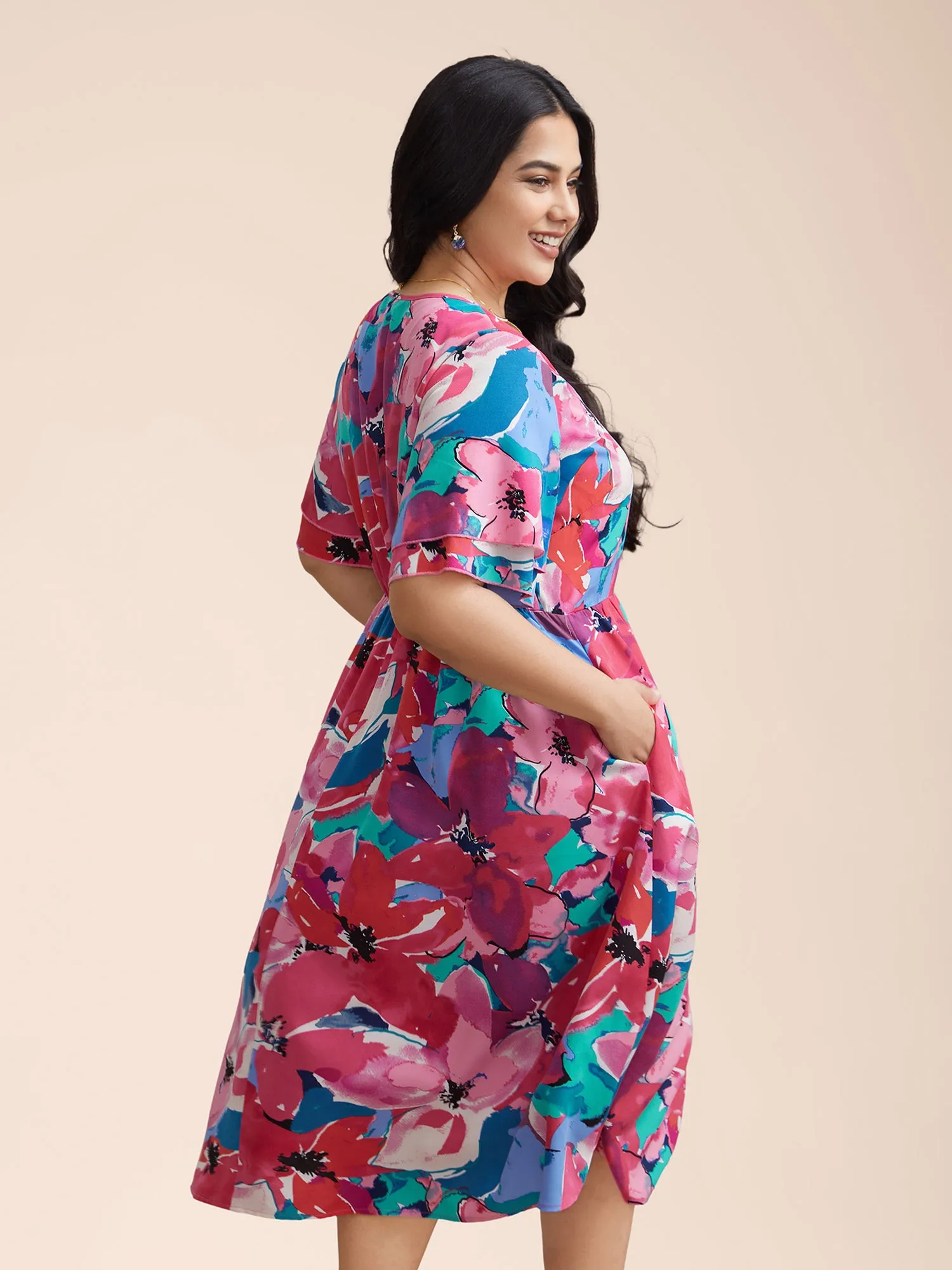 Multi-Color Floral V-Neck Pockets Midi Dress sold by Bloomchic product image thumbnail 5