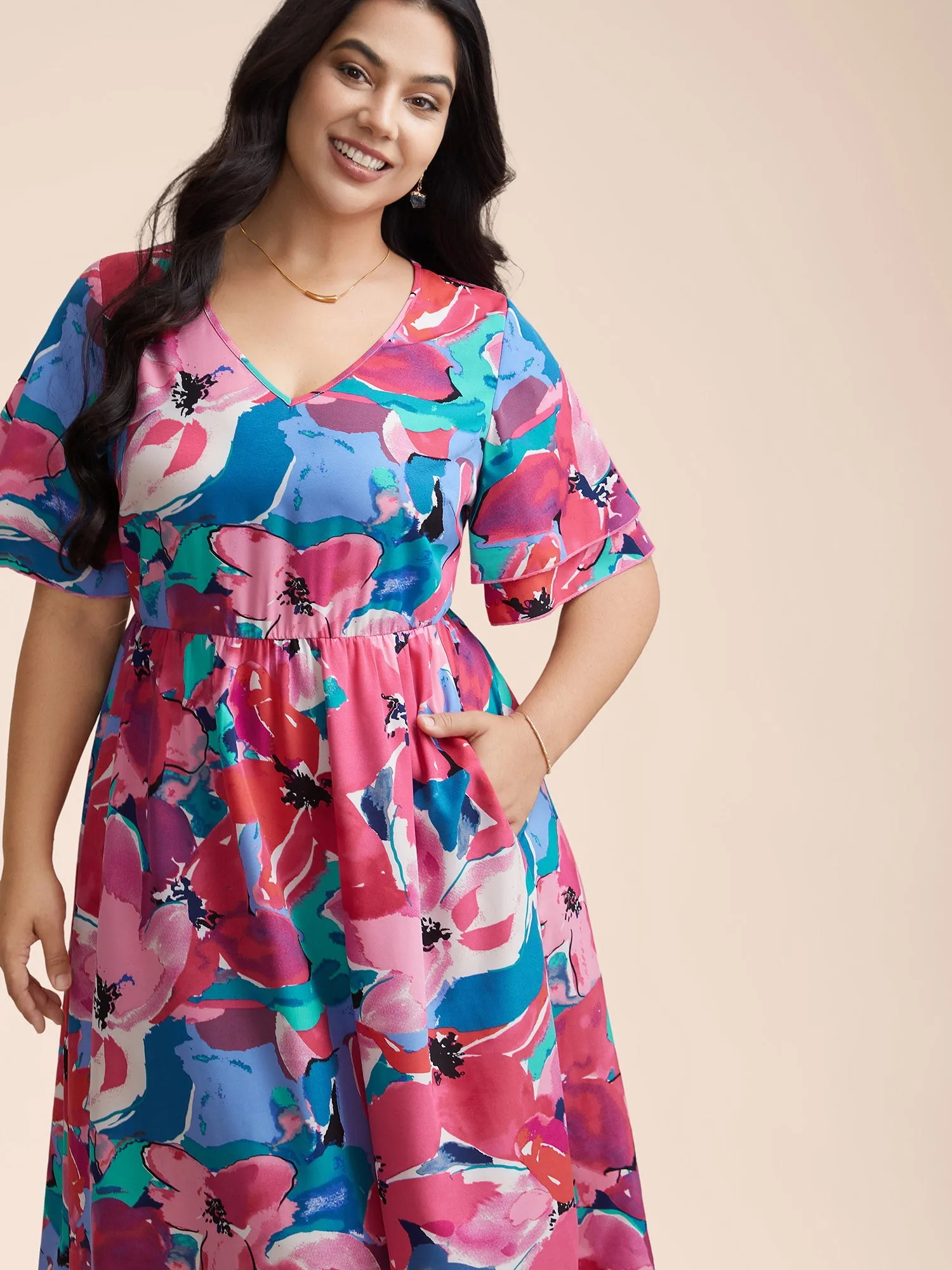 Multi-Color Floral V-Neck Pockets Midi Dress sold by Bloomchic product image thumbnail 3