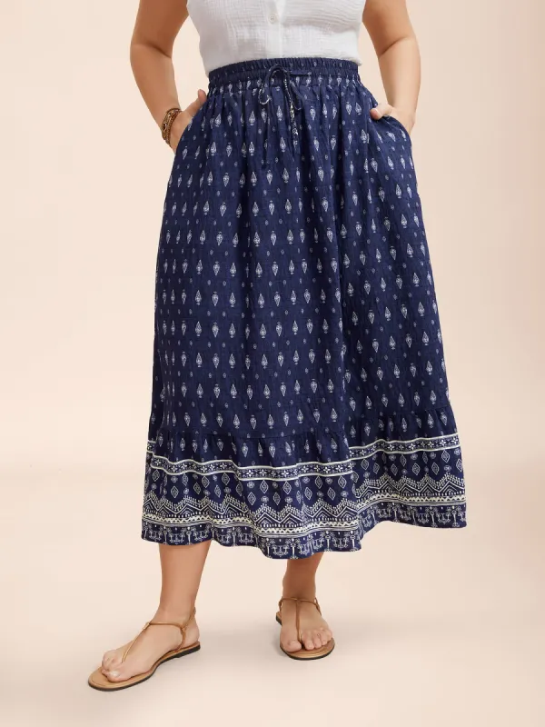Boho Print Pleated Drawstring Midi Skirt sold by Bloomchic