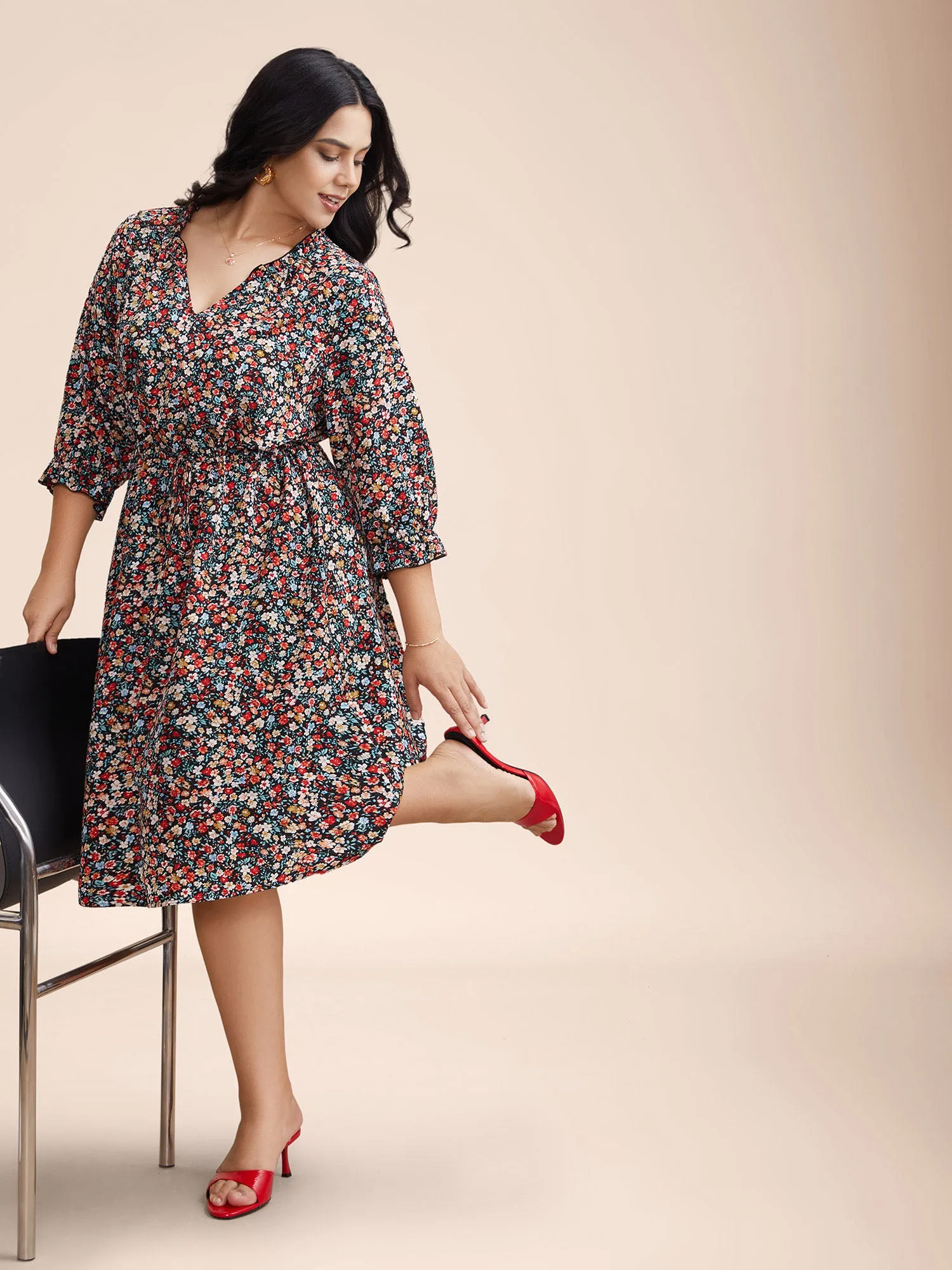 Floral Print Drawstring Pockets Flared Midi Dress sold by Bloomchic product image thumbnail 2