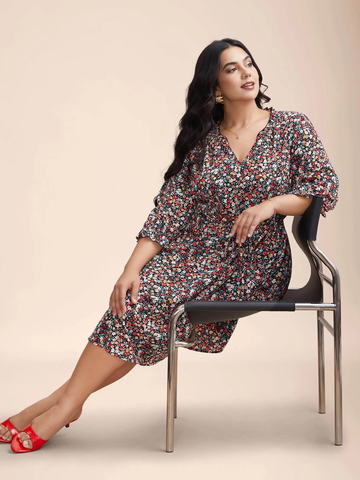 Floral Print Drawstring Pockets Flared Midi Dress sold by Bloomchic product image thumbnail 3