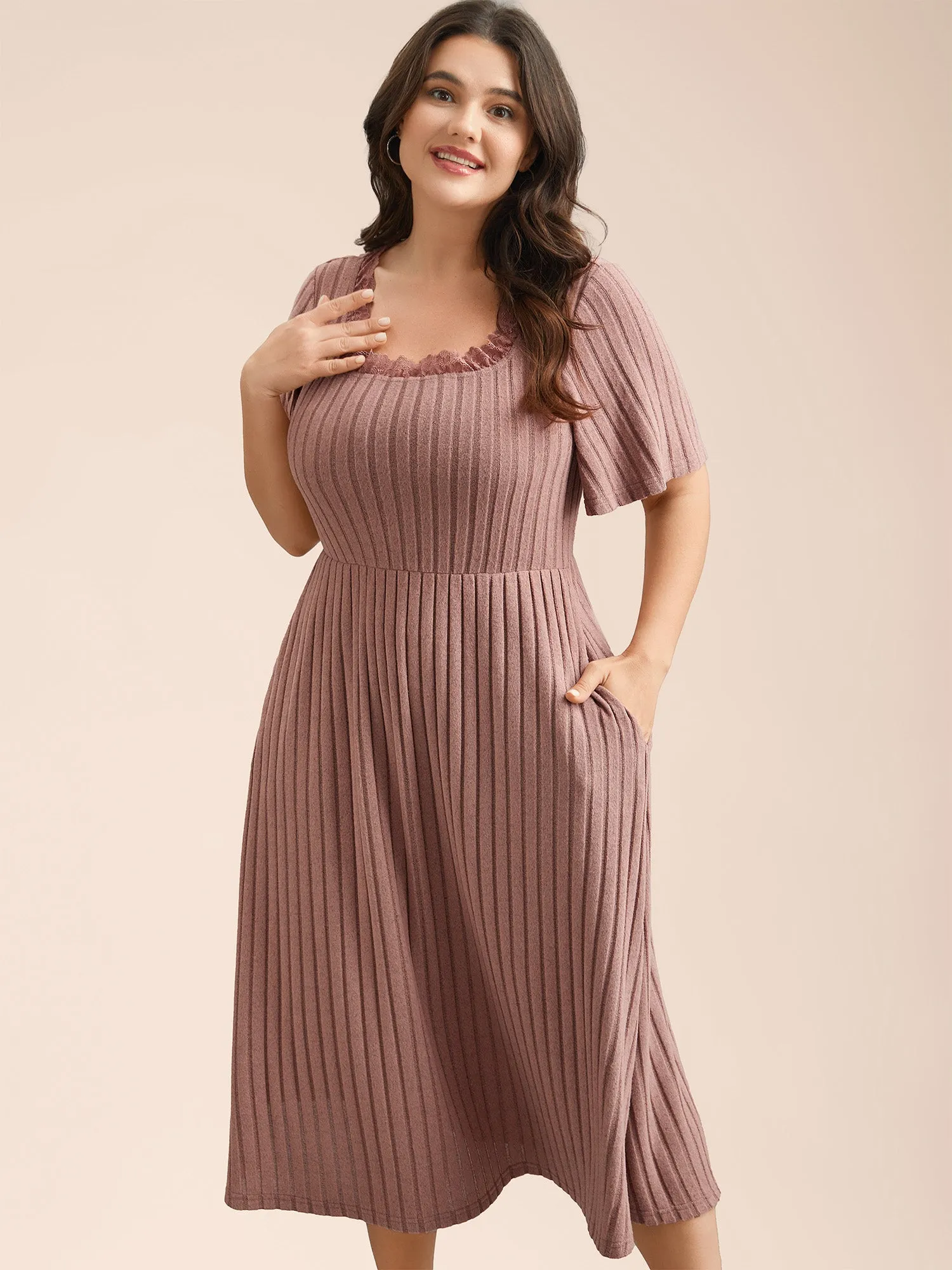 Ribbed Ruffled Lace Edges Midi Dress sold by Bloomchic product image thumbnail 3