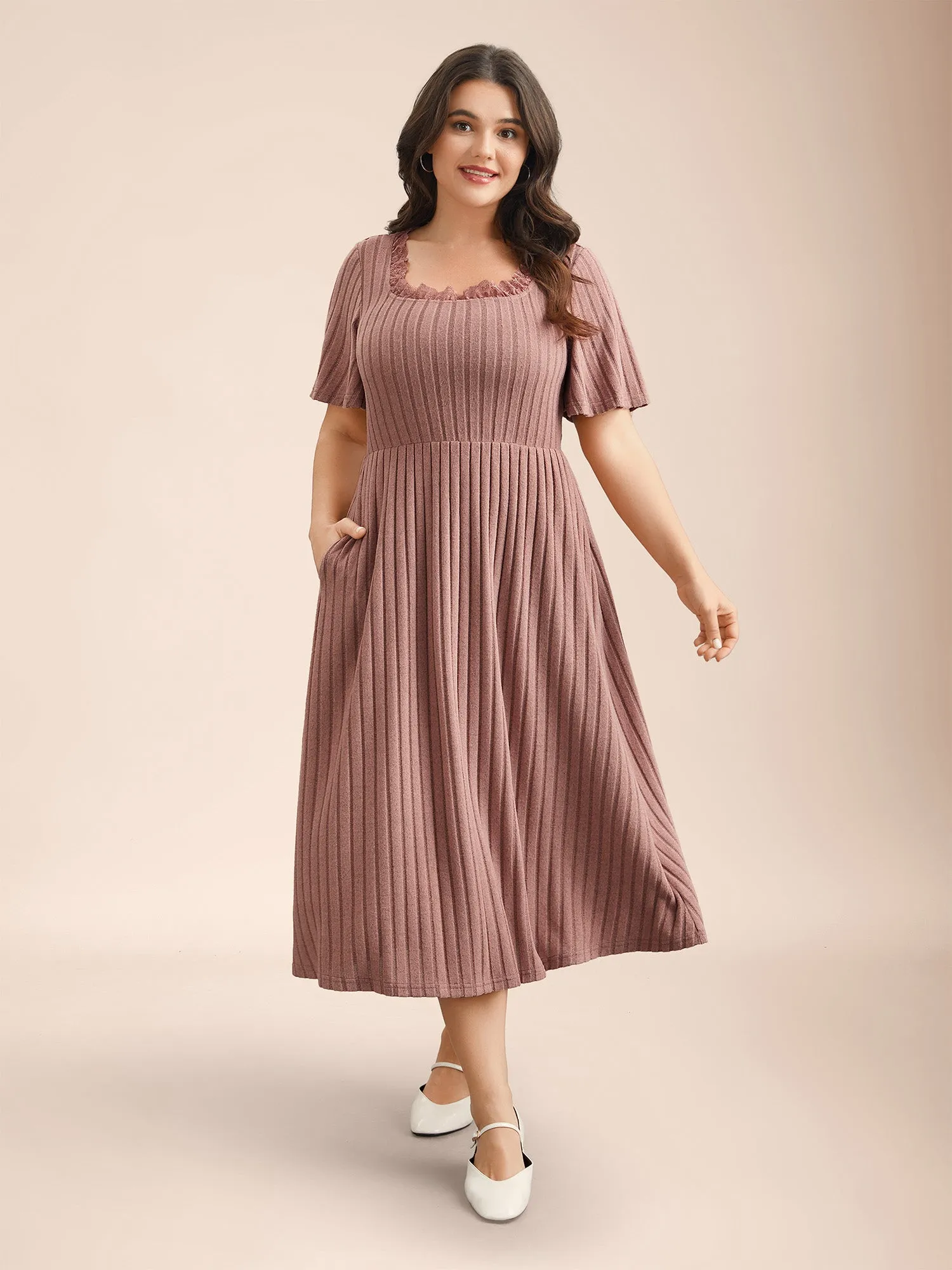 Ribbed Ruffled Lace Edges Midi Dress sold by Bloomchic product image thumbnail 2