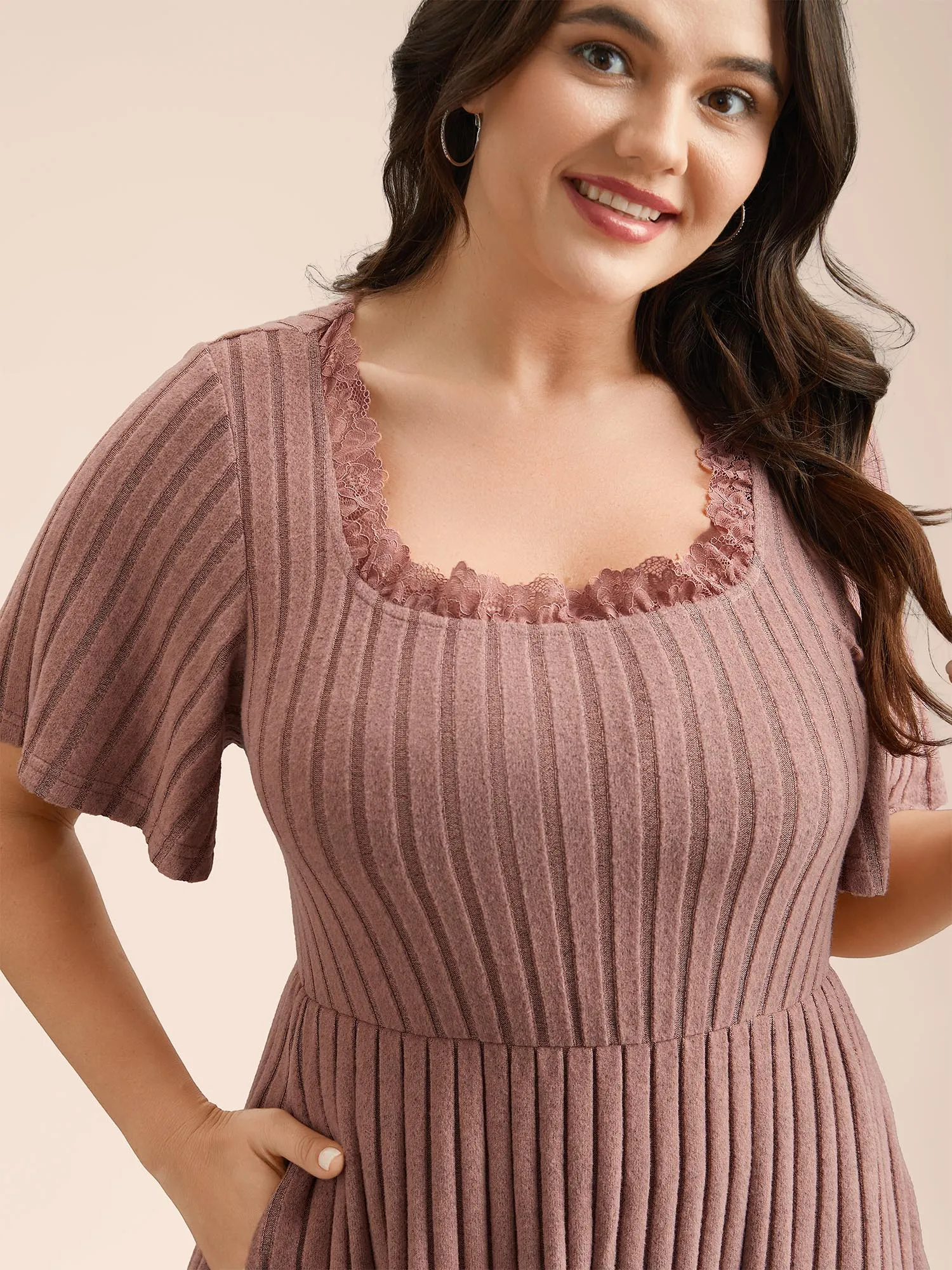 Ribbed Ruffled Lace Edges Midi Dress sold by Bloomchic product image thumbnail 4