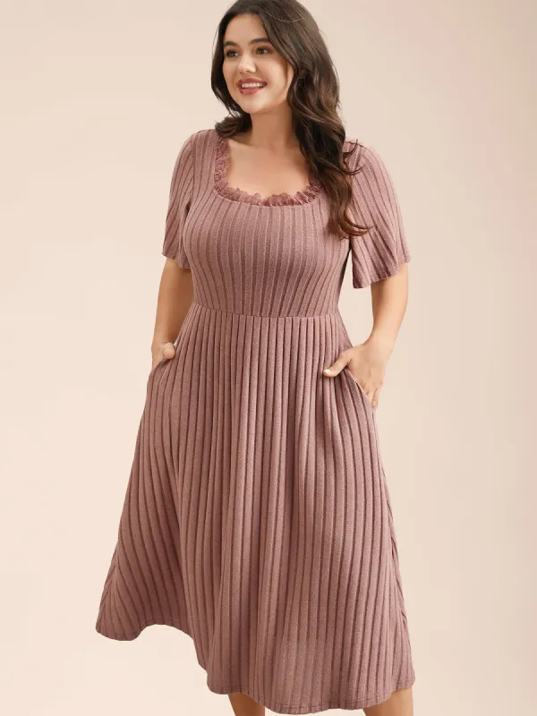 Ribbed Ruffled Lace Edges Midi Dress sold by Bloomchic
