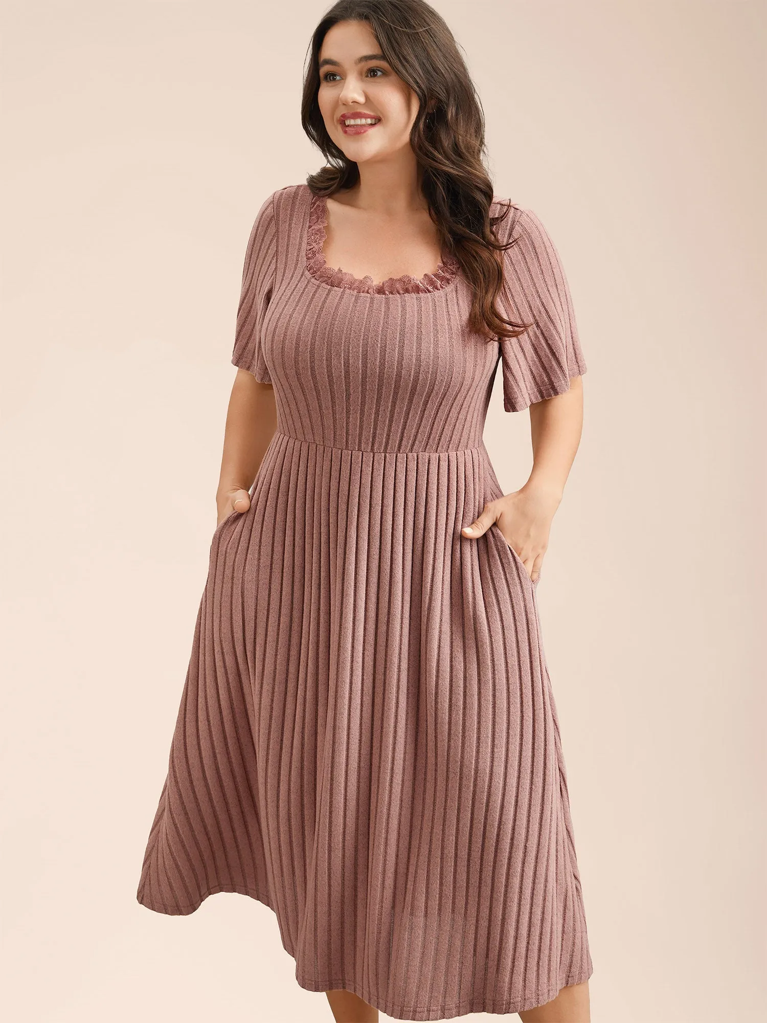 Ribbed Ruffled Lace Edges Midi Dress sold by Bloomchic