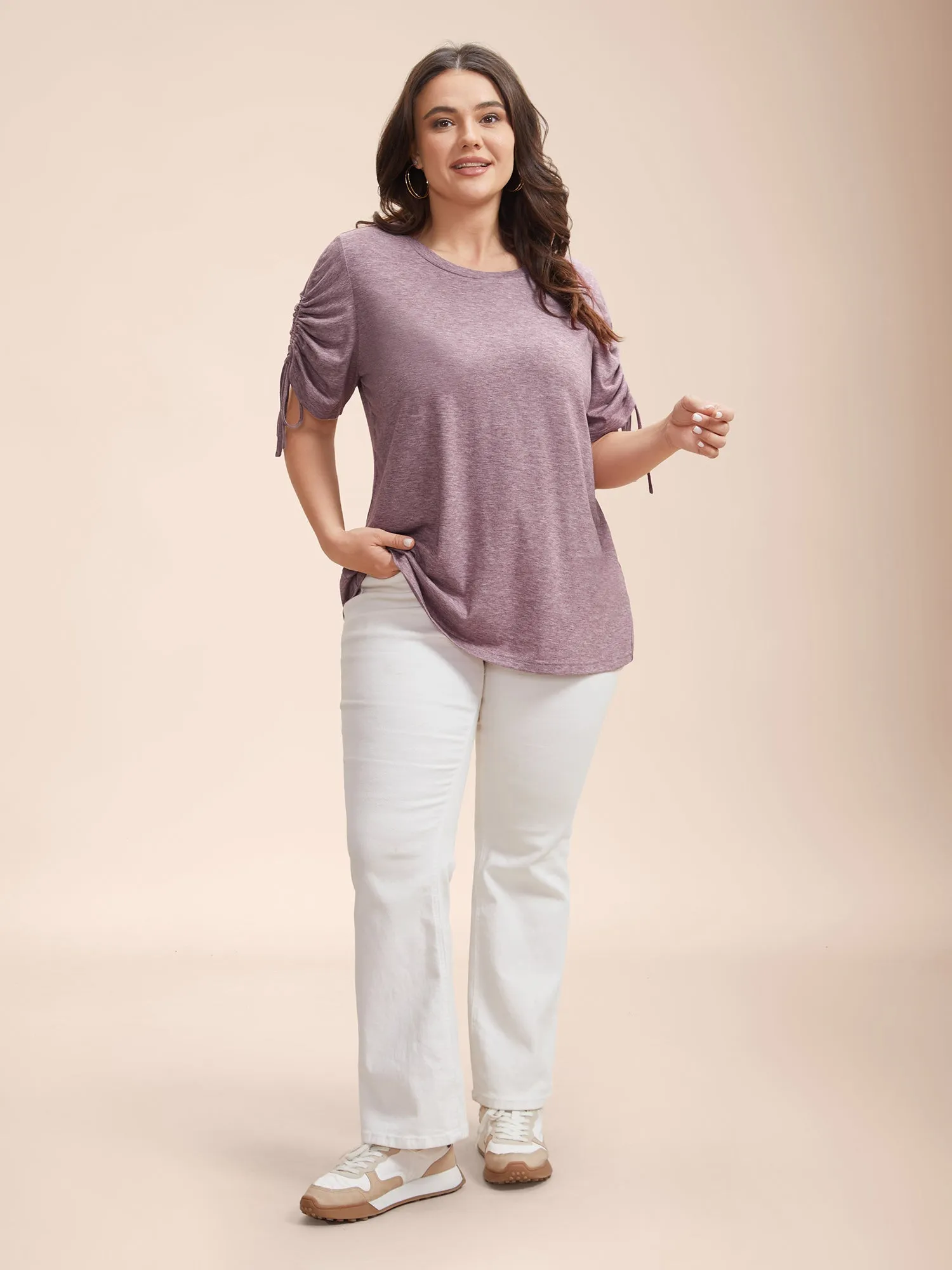 Stretchy Heather Fabric Drawstring Sleeve T-Shirt sold by Bloomchic product image thumbnail 4