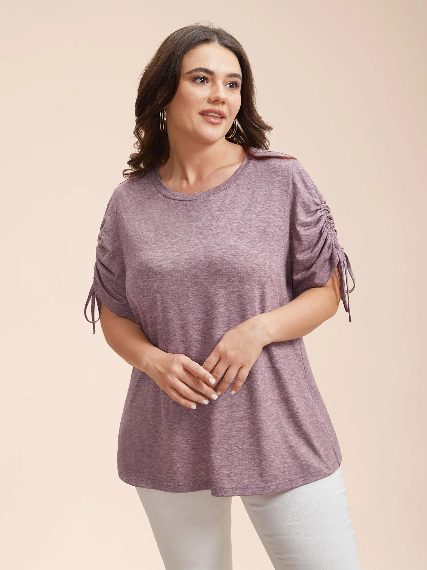 Stretchy Heather Fabric Drawstring Sleeve T-Shirt sold by Bloomchic product image thumbnail 2