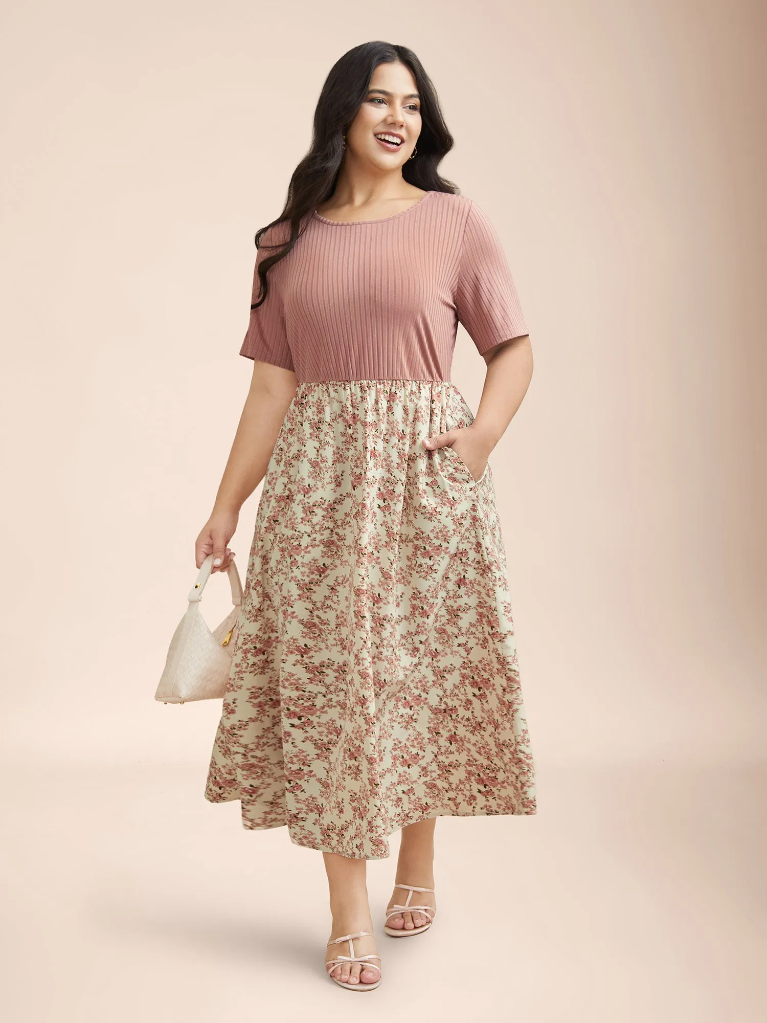 Floral Color Contrast Ribbed Pockets Maxi Dress sold by Bloomchic