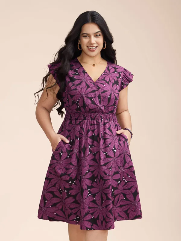 Surplice Neck Floral Shirred Elastic Waist Midi Dress sold by Bloomchic