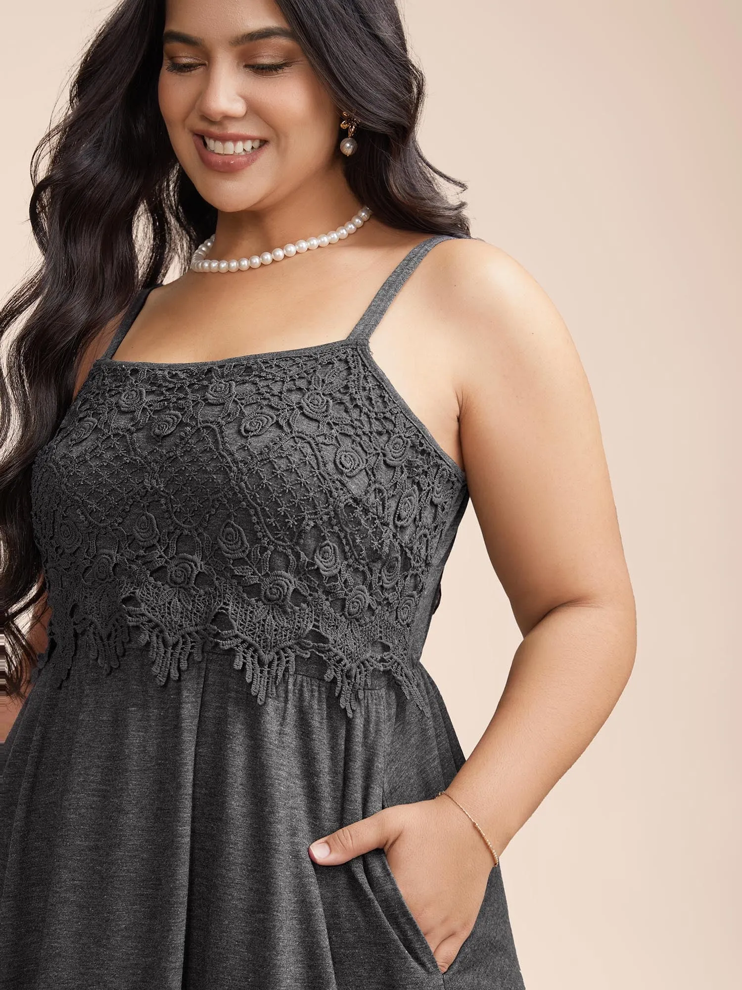 Lace Waist-Cinched Pockets Midi Dress sold by Bloomchic