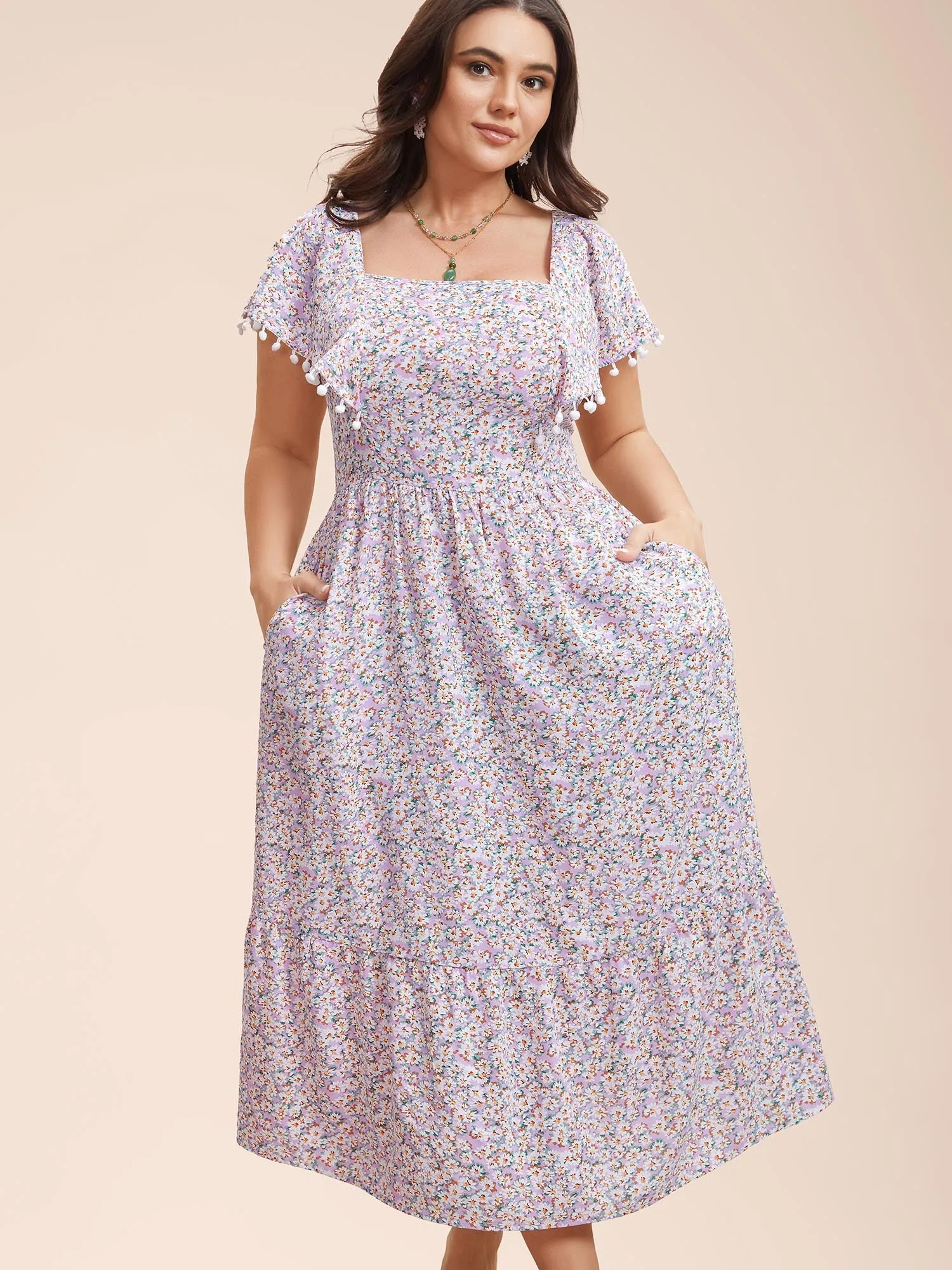 Square Neck Floral Print Tassels Tiered Midi Dress sold by Bloomchic product image thumbnail 2