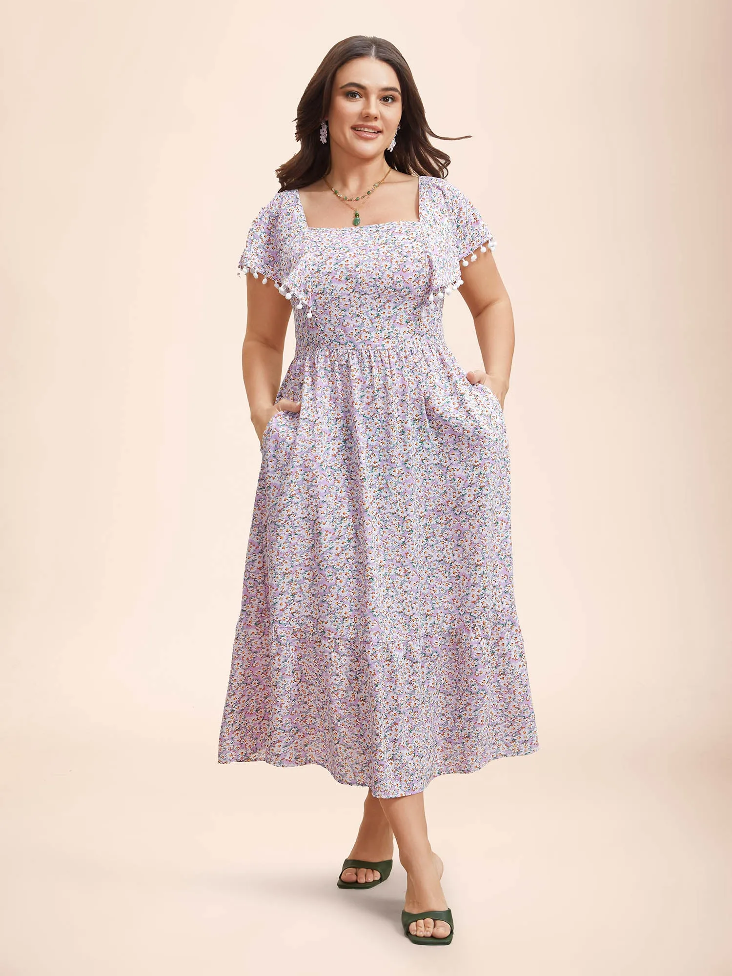 Square Neck Floral Print Tassels Tiered Midi Dress sold by Bloomchic product image thumbnail 4